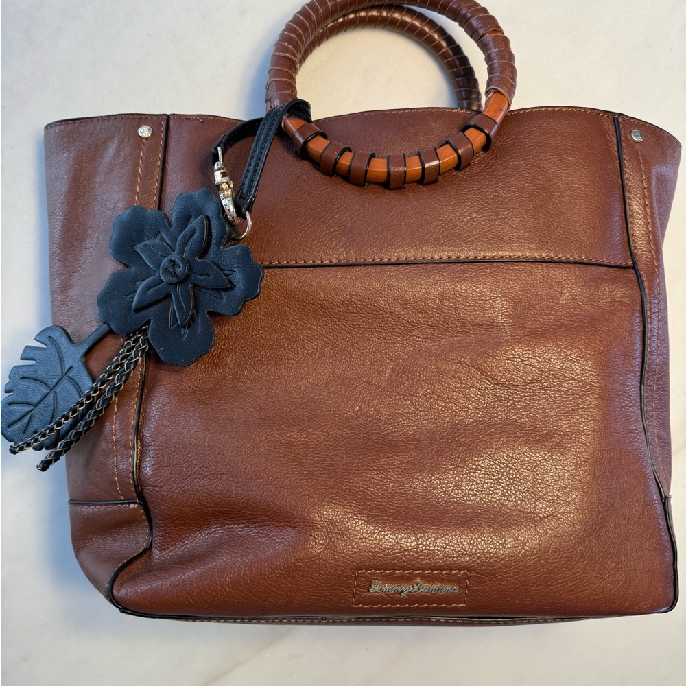 Tommy Bahama Brown Leather Tote with Wooden Handles